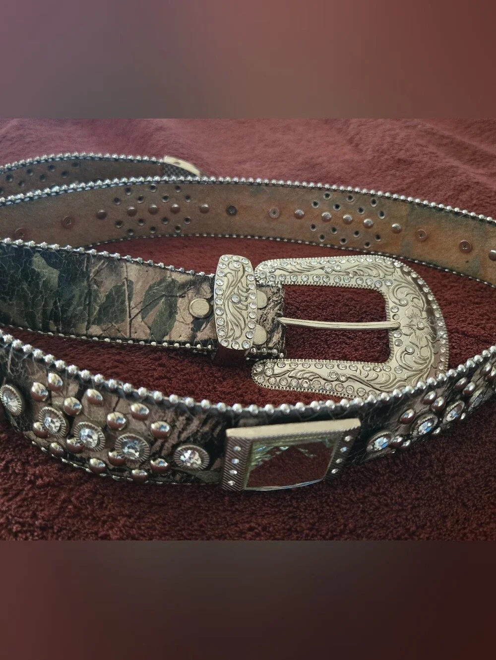 MONTANA WEST Women's Rhinestone Embellished Western Camo Belt. Silver. LG. EUC!
